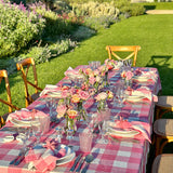 Pink Gingham Linen Tablecloth with Green Border