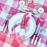 Pink Gingham Linen Tablecloth with Green Border