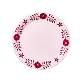 Daisy Josephine Dinner Plates | Pack of 8, round paper plates in light pink with a dark red daisy and leaf pattern border.