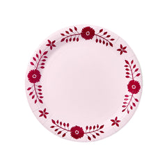 Daisy Josephine Dinner Plates | Pack of 8, round paper plates in light pink with a dark red daisy and leaf pattern border.