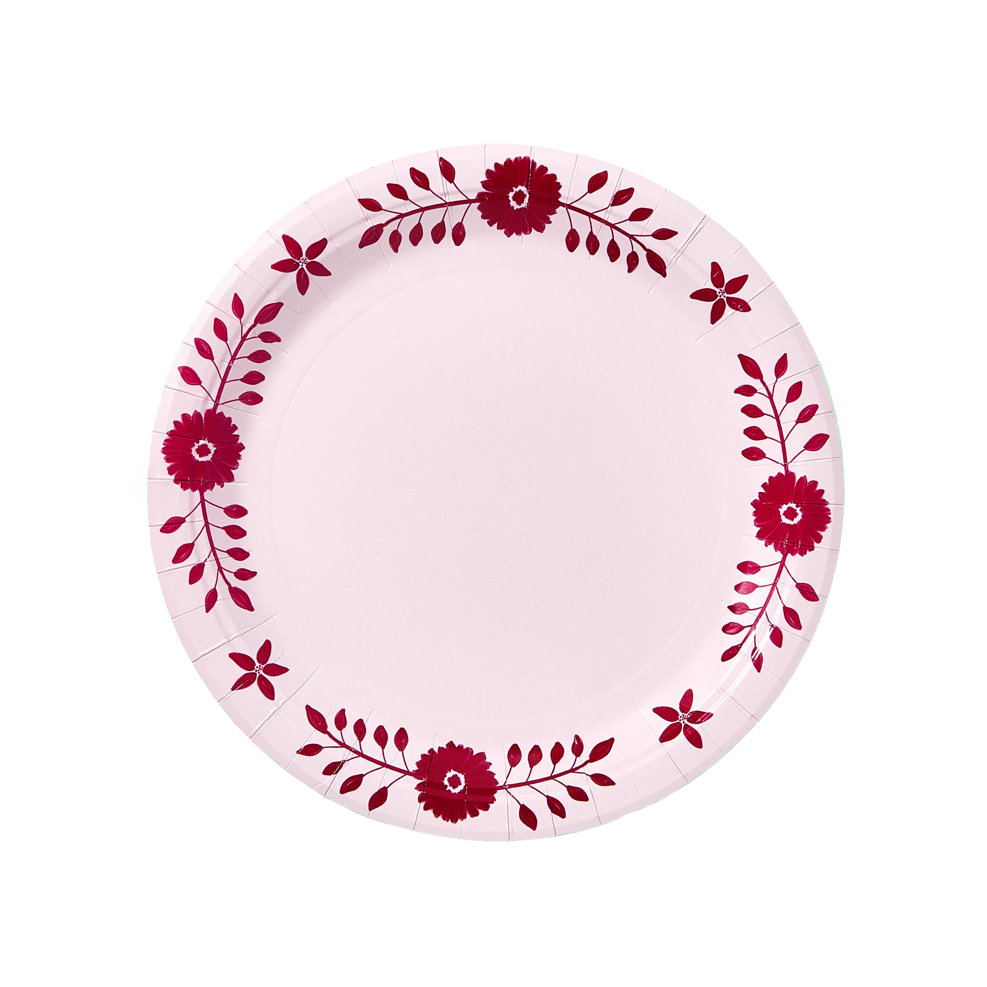 Daisy Josephine Dinner Plates | Pack of 8, round paper plates in light pink with a dark red daisy and leaf pattern border.