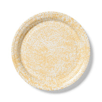 Splatter Round Tray, pale yellow and white enamelware with a classic speckled pattern, presented from an overhead view.