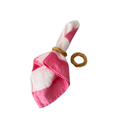 Handmade Intertwined Bejuco Napkin Ring | Set of 2, natural light brown braided rings, one holding a pink and white striped napkin.