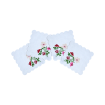 Scalloped Flower Cocktail Napkins |Set of 4 white fabric with red, pink, and green floral embroidery, featuring scalloped edges.