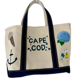 Cape Cod Custom Painted Tote in natural canvas with navy handles featuring nautical designs and Cape Cod text