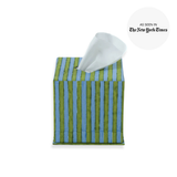 Striped Blockprint Tissue Box Cover, rectangular, featuring hand-stamped green and blue vertical stripes, with a white tissue emerging.