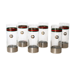 Vintage Gucci Tom Collins Glasses | Set of 6. Clear glass, cylindrical, with iconic green/red stripe & gold GG logo, silver-tone base.