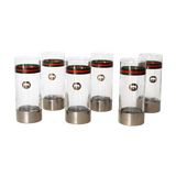 Vintage Gucci Tom Collins Glasses | Set of 6. Clear glass, cylindrical, with iconic green/red stripe & gold GG logo, silver-tone base.