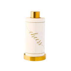 Golden Salute Cocktail Napkin Roll: white paper with gold 'cheers' script, pinstripes, in a sleek gold cylindrical holder.