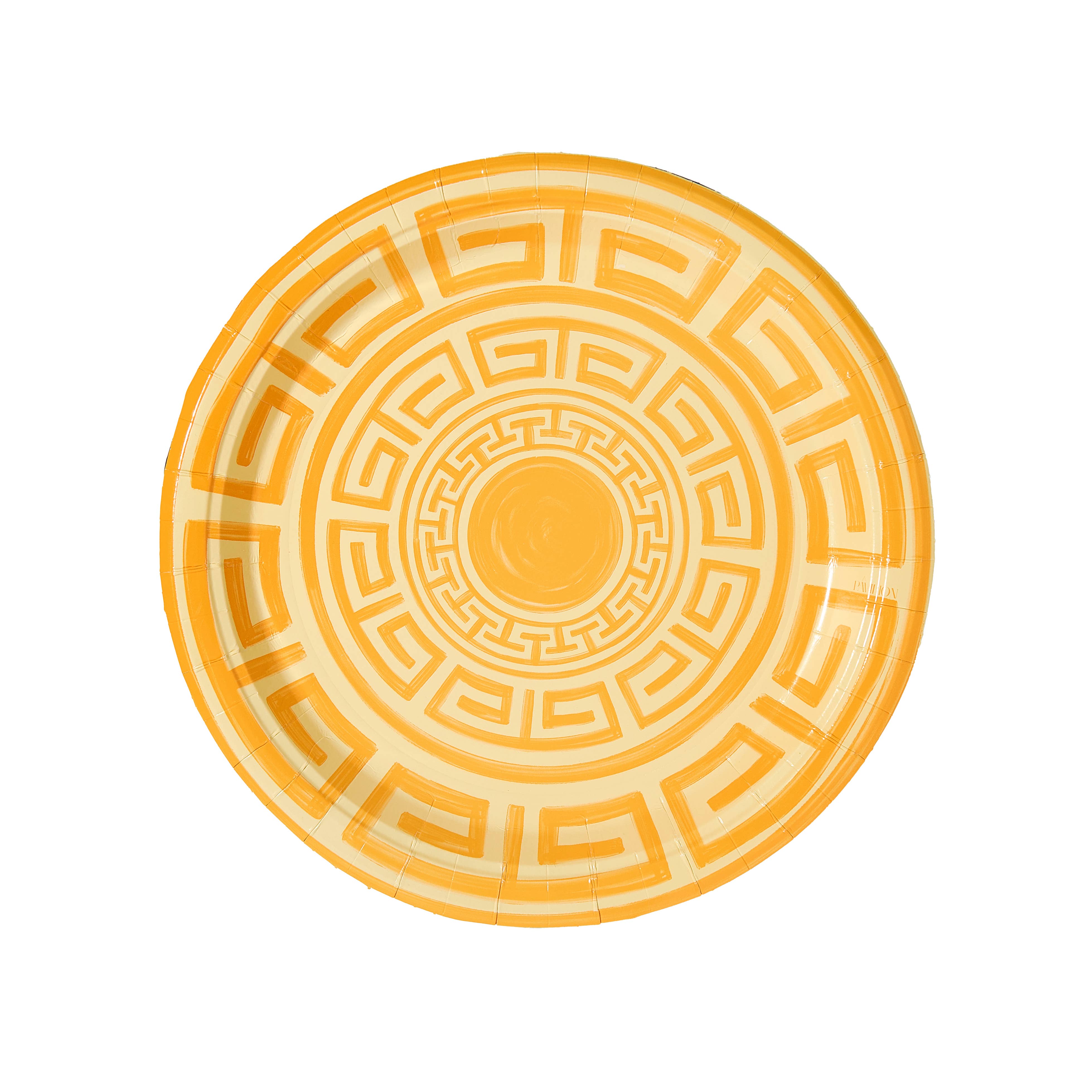 Greek Key Dinner Paper Plates | Pack of 8, round paper plate with concentric golden orange Greek key pattern on a cream background.