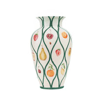 Still Life Hand-Painted Vase, Green, a cream ceramic vase with a curved body, green lattice, and colorful fruit design, isolated on white.
