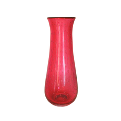 Handmade Seeded Glass Vase in deep red glass, tapered shape with flared rim, featuring tiny air bubbles.