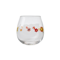 Flower Stemless Wine Glass in clear glass with a delicate band of colorful red, orange, and yellow flowers.