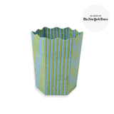 Striped Blockprint Scallop Waste Bin with green and blue vertical stripes, hexagonal base, and wavy scalloped rim.