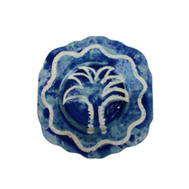 Scalloped Palm Salad Plate | Set of 2 in blue and teal ceramic with white palm tree and wavy border, on white background.