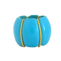Pumpkin Napkin Ring | Set of 4, vibrant blue ceramic with distinct pumpkin ribbing and twisted gold rope details.