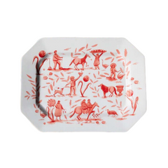 Polly Toile Platter: Octagonal white ceramic platter featuring a detailed coral or beige toile pattern of people, animals, and trees.