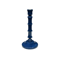 Lacquer Bamboo Candlestick, deep blue, with a segmented bamboo-like stem and round base, isolated on white.