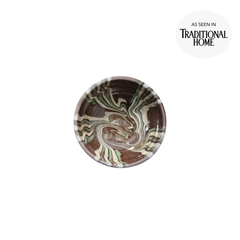 Small Romanian Market Bowl, handcrafted round ceramic bowl with unique swirled brown, cream, and sage green glaze.