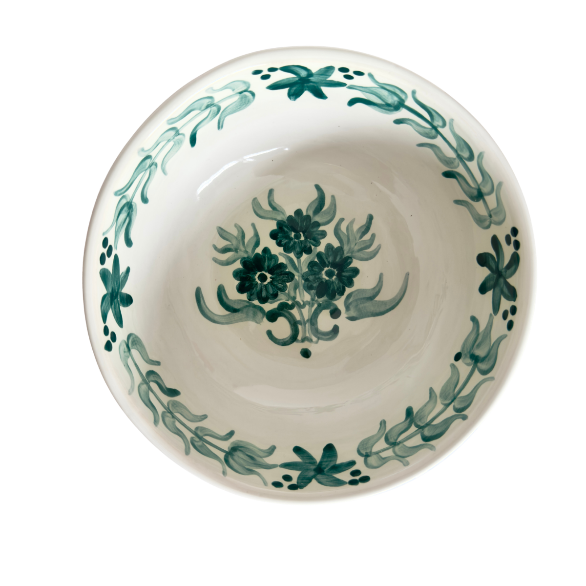White Blossom Bowl, round ceramic bowl with a hand-painted dark teal floral pattern on a creamy white glaze.