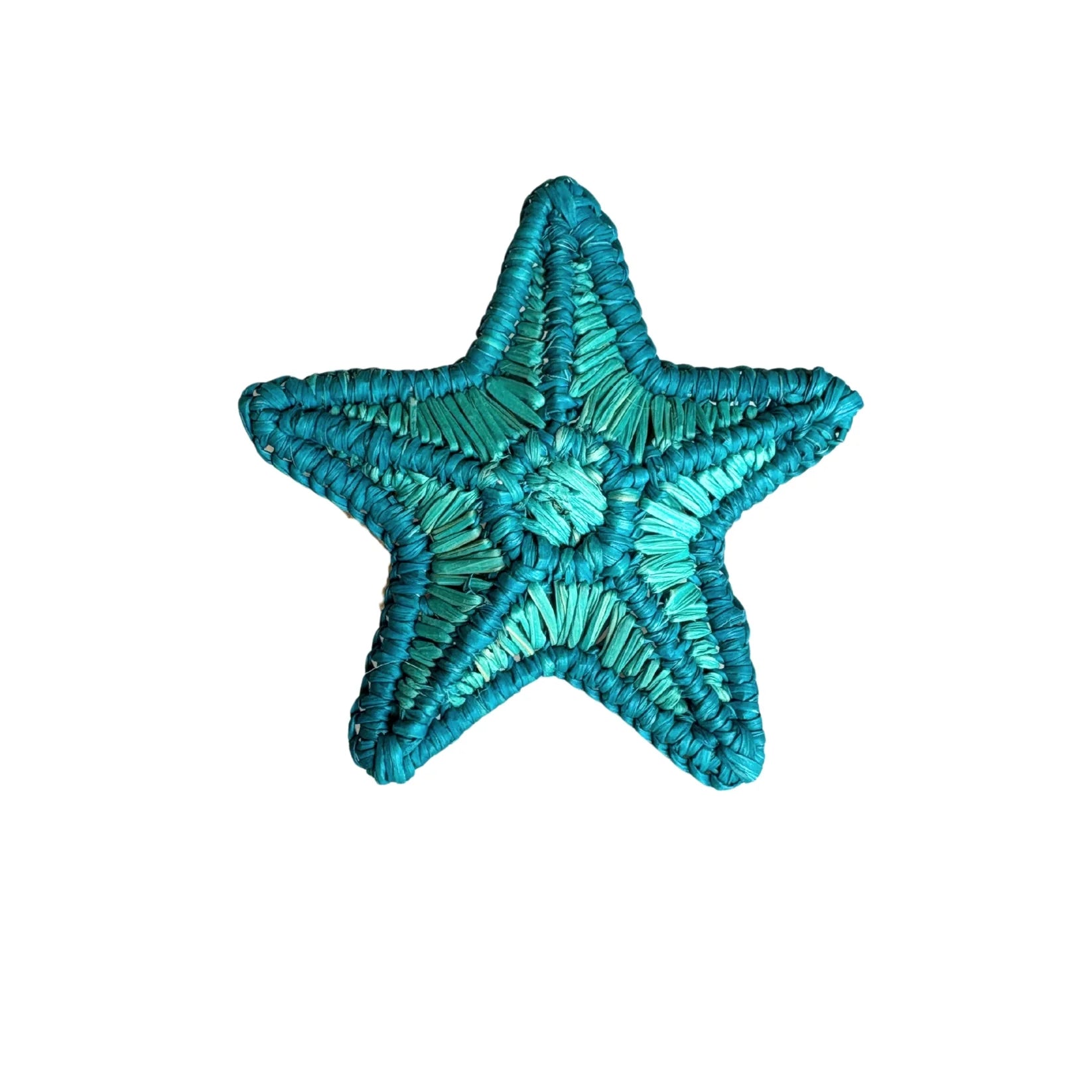 Starfish Napkin Ring, woven raffia in two-tone teal and blue, featuring a natural, textured pattern.