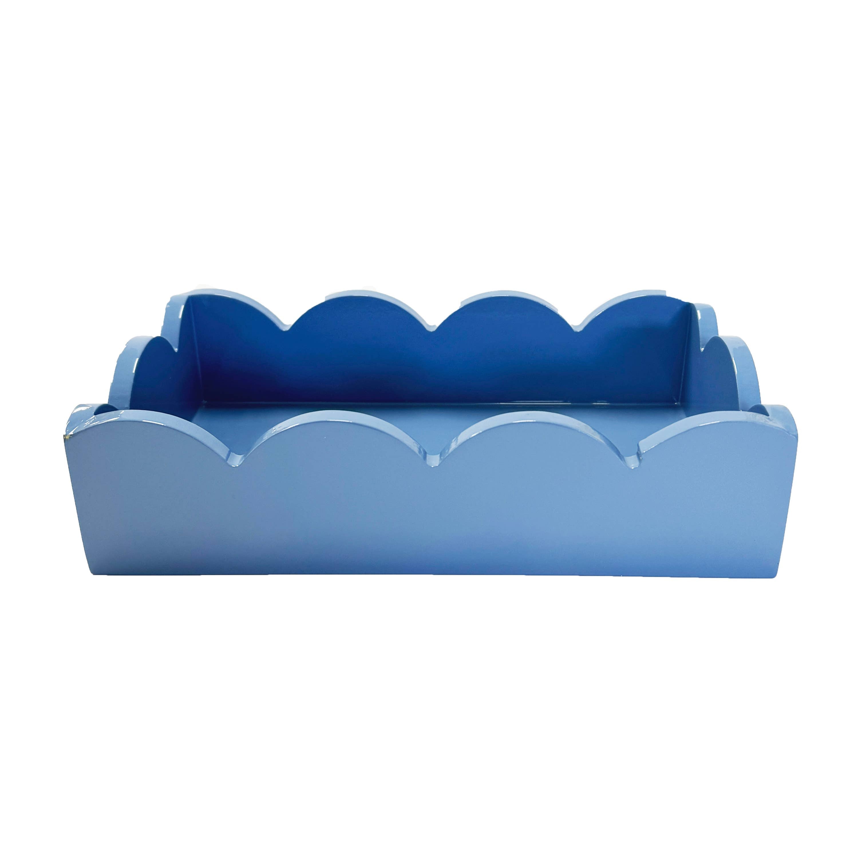 Lacquered Scalloped Guest Towel Holder, cornflower blue rectangular tray with wavy edges for holding bath hand towels.