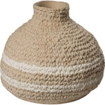 Mira Nomad Vase, a rustic, bulbous beige ceramic vase with a textured surface and prominent white horizontal stripes.