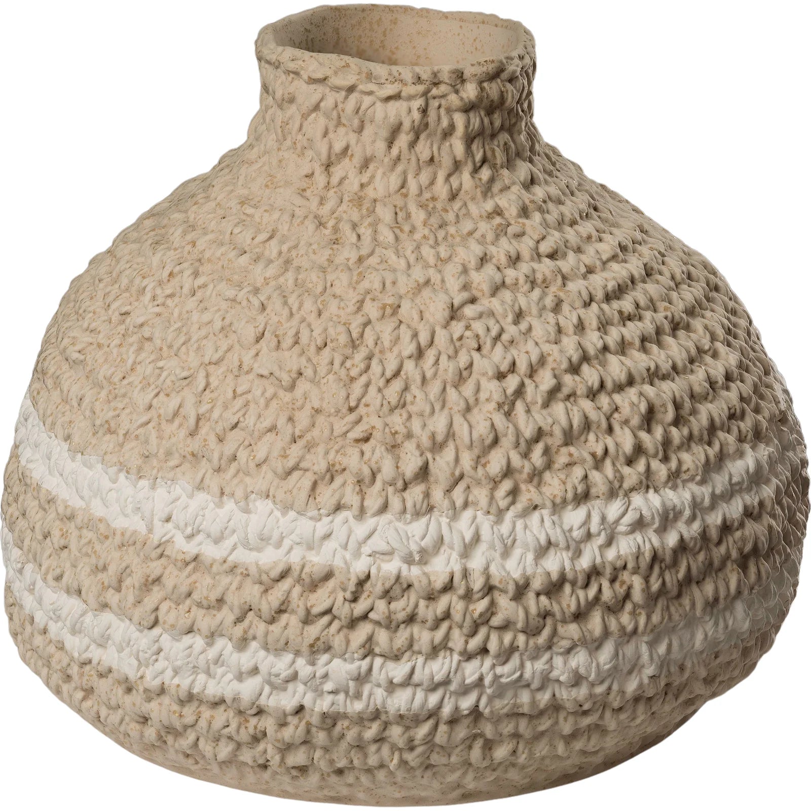 Mira Nomad Vase, a rustic, bulbous beige ceramic vase with a textured surface and prominent white horizontal stripes.