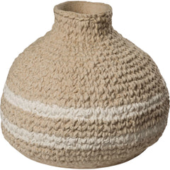 Mira Nomad Vase, a rustic, bulbous beige ceramic vase with a textured surface and prominent white horizontal stripes.