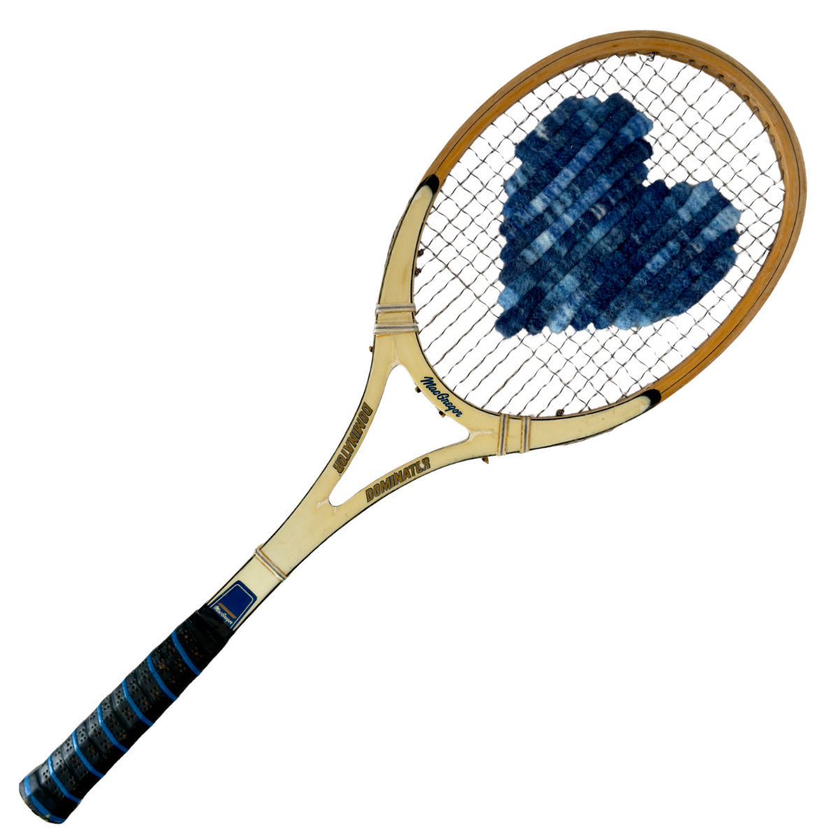 Vintage Heart Tennis Racquet, tan wood frame with black and blue striped grip, featuring a blue textured heart woven into the strings.