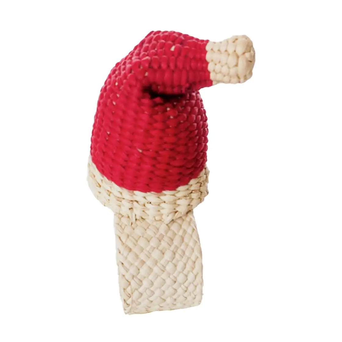 Santa Hat Napkin Ring in red and cream woven rattan with festive holiday hat design on white background
