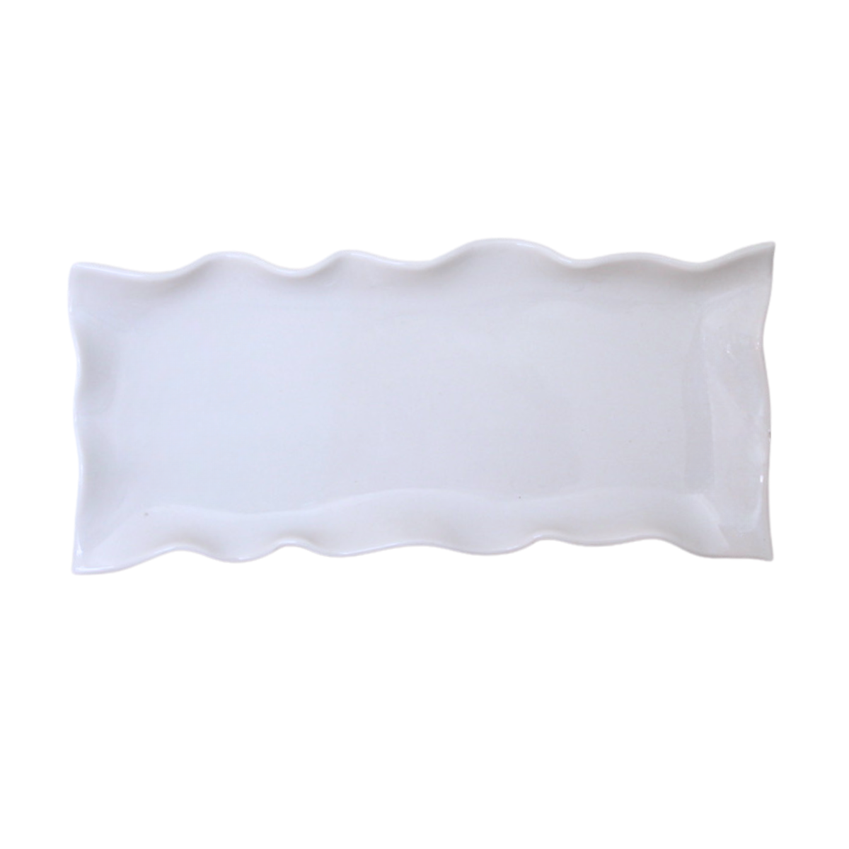 Rectangle Scallop Edge Platter, white ceramic with a glossy finish and distinctive wavy, ruffled edges for serving.
