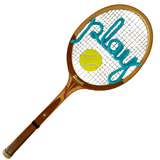 Vintage Bancroft Bantam wood tennis racquet with the word "Play" spelled in hand-knit turquoise yarn across the strings, with a felted tennis ball detail, one-of-a-kind sporting wall art from Two Webster.