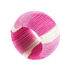 Ombre Napkin Rings | Set of 2: cylindrical, thread-wrapped rings in an ombre fuchsia, pink, and cream stripe pattern.