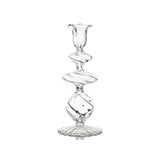 Swirl Glass Candlestick, clear with a wavy flared top, three spiraling sections, and a ribbed base.
