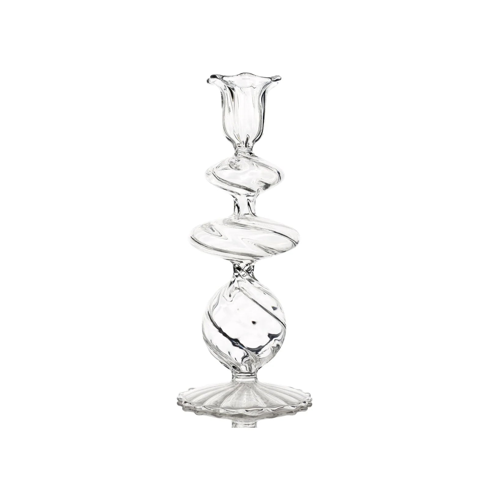 Swirl Glass Candlestick, clear with a wavy flared top, three spiraling sections, and a ribbed base.
