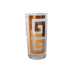 Vintage 22K Gold Culver Glasses | Set of 8, a single tall white glass with gold Greek Key pattern, on a white background.