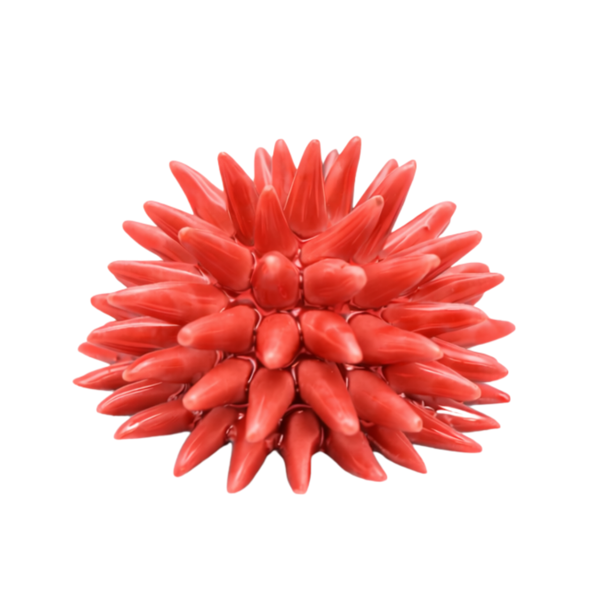 Ceramic Sea Urchin, Large, in vibrant coral red ceramic with a spiky, spherical shape, on a white background.