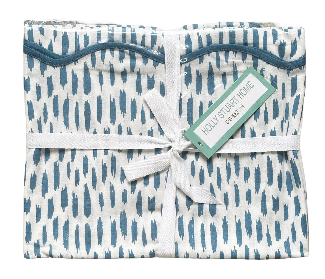 Dash Mahjong and Game Tablecloth in white fabric with blue dash pattern, tied with white ribbon and gift tag