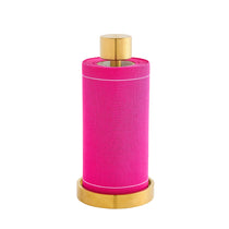 Blush Crush Cocktail Napkin Roll, bright pink fabric roll with white horizontal lines, in a gold cylindrical dispenser on a white background.