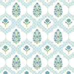 Indiennes Mahjong and Games Tablecloth | Blue fabric with white background, green floral motifs, and geometric ogee pattern.