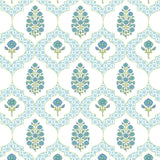 Indiennes Mahjong and Games Tablecloth | Blue fabric with white background, green floral motifs, and geometric ogee pattern.