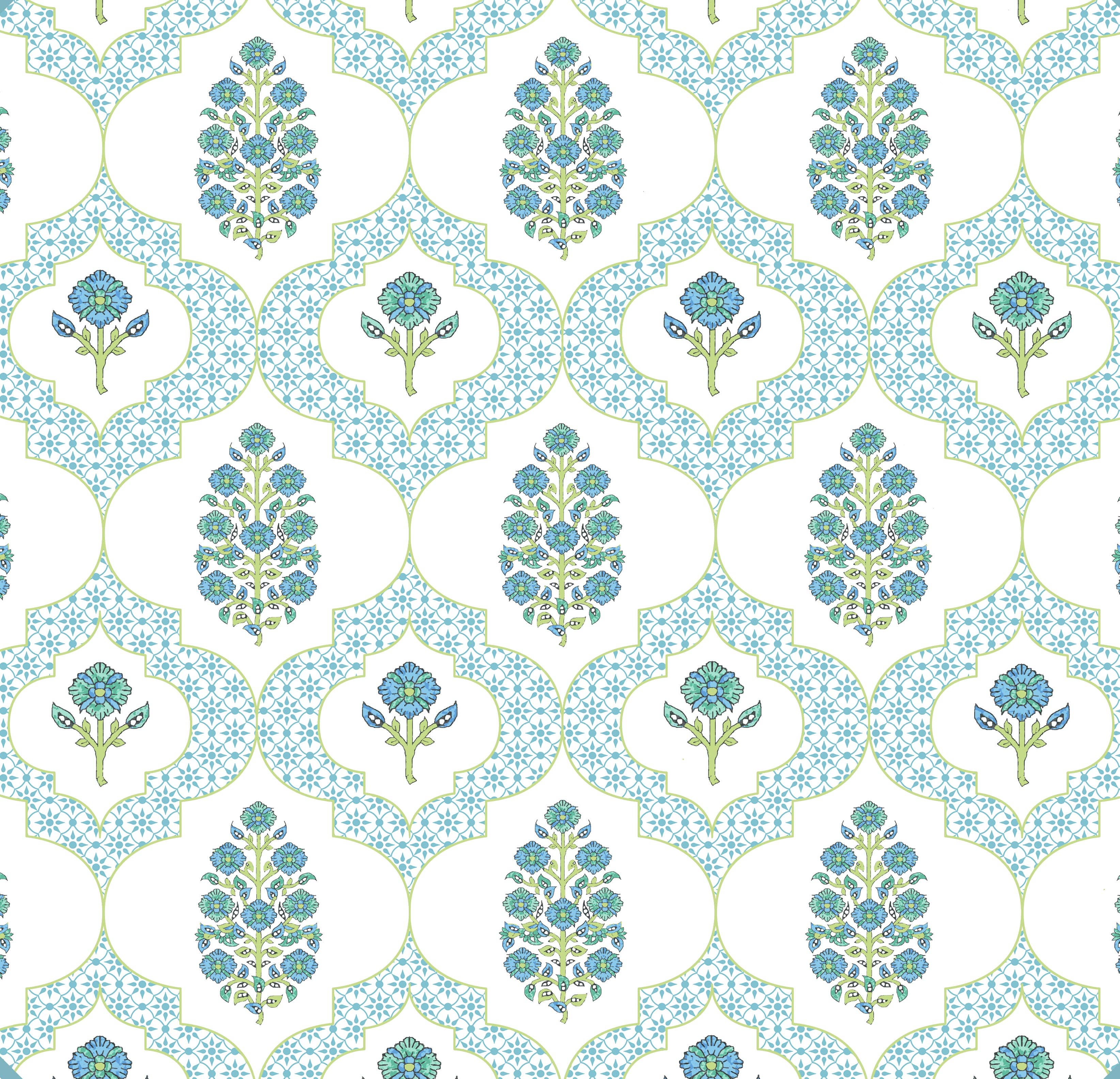 Indiennes Mahjong and Games Tablecloth | Blue fabric with white background, green floral motifs, and geometric ogee pattern.