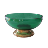 Vintage Glass & Brass Punch Set in emerald green glass with a golden ribbed brass pedestal base.