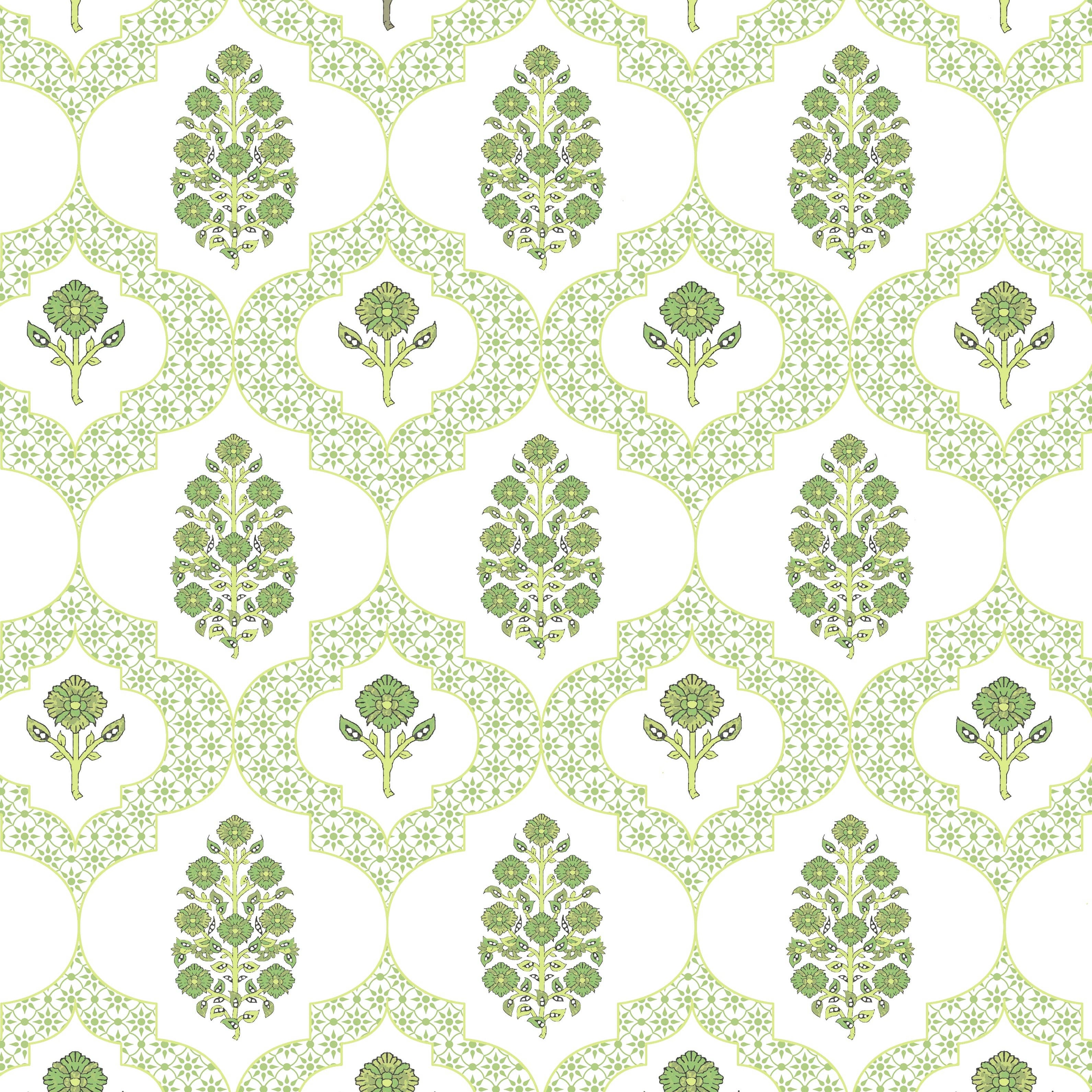 Indiennes Mahjong and Game Tablecloth | Green, a white fabric with repeating stylized green floral tree motifs within quatrefoil-shaped frames.