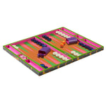 Tortoiseshell Backgammon Set, open, with a vibrant pink, lime green, and orange chevron board, checkers, dice, and cups.