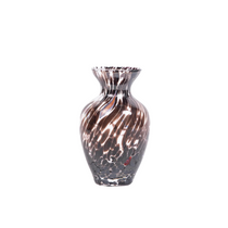 Murano Glass Bud Vase, Smoke, with swirling dark brown and clear glass pattern, curved shape.