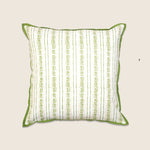 Elise Pillow | Seafoam, square cream pillow with vertical seafoam green floral stripes and green piped trim.