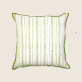 Elise Pillow | Seafoam, square cream pillow with vertical seafoam green floral stripes and green piped trim.