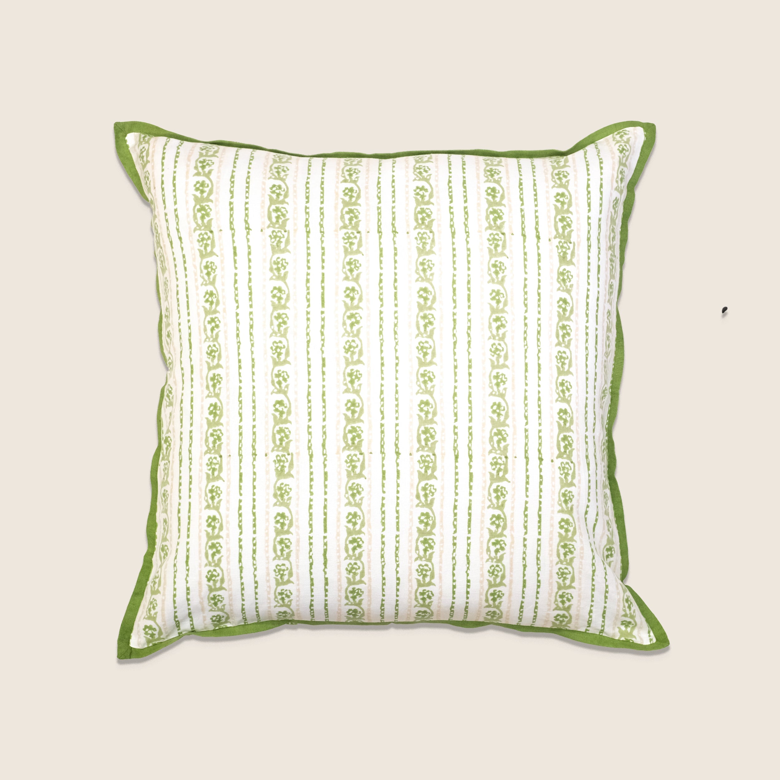 Elise Pillow | Seafoam, square cream pillow with vertical seafoam green floral stripes and green piped trim.